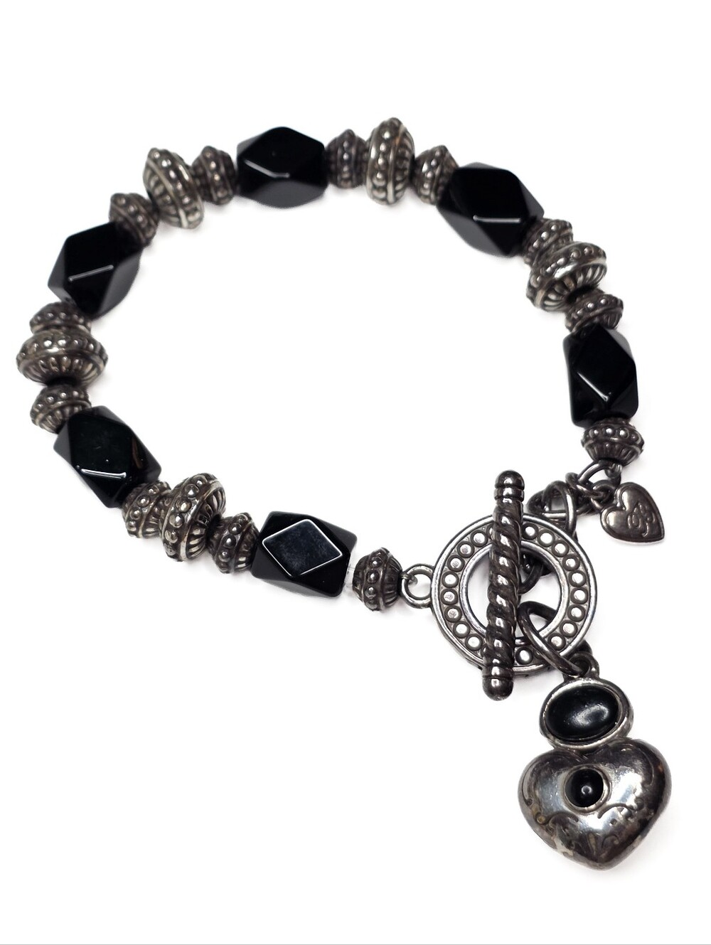 Brighton Vintage Retired Silver & Black Beaded Toggle Bracelet With Heart Charm